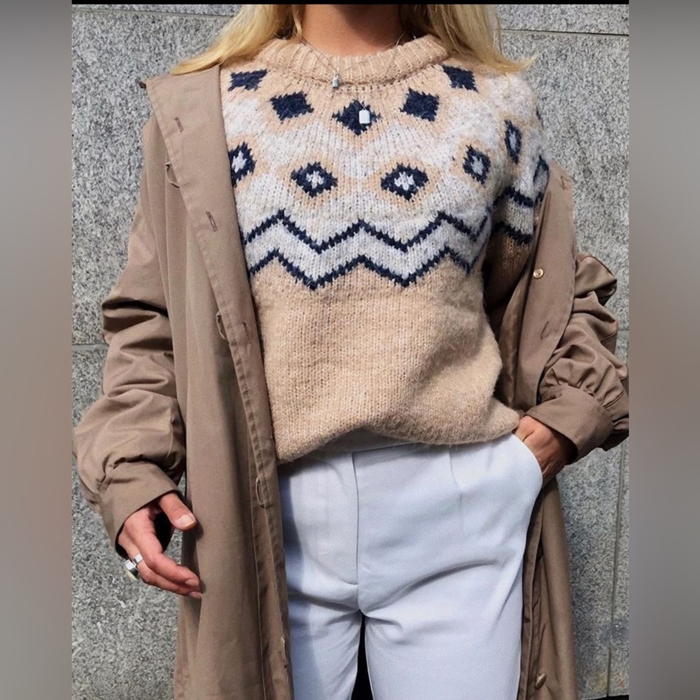 Vero Moda fair Isle Nordic preppy cozy beige and navy sweater 3/4 sleeves S EUC